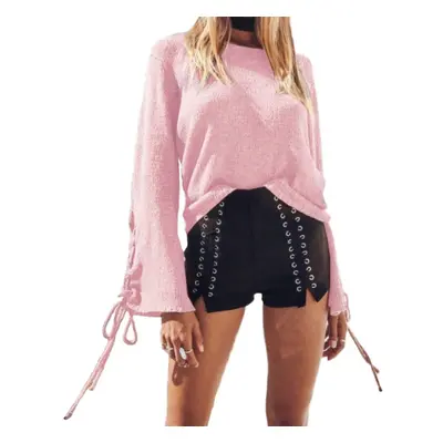 (Pink, M) Women Bell Sleeves Knitted Pullover Sweater Lace Up Eyelets O Neck Loose Casual Knit T