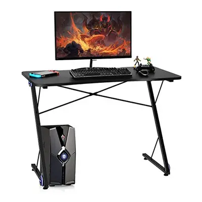 CASART Black Computer Desk, Z-Shaped PC Workstation with LED Lights, Racing Gaming Desks for Stu