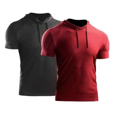 (Red Blue, L) 2PCS Men Summer Sports T-Shirt Solid Color Hooded Short Sleeve Quick-Dry Running G