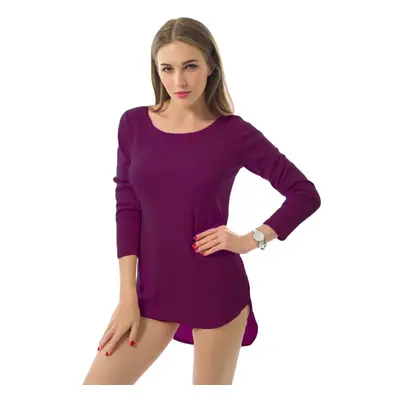 (Purple, S) Women T-shirt Solid Color O-Neck Long Sleeves High-low Hem Pullover Casual Blouse