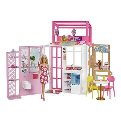 Dollhouse Playset with Barbie Doll & House with Levels & Play Areas, Fully Furnished, with Pet P