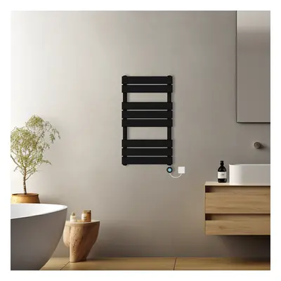 (Black, 800x450mm) Prefilled Electric Flat Panel Heated Towel Rail Radiator Thermostatic WIFI