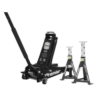 Twin Piston Hydraulic Trolley Jack & x Axle Stands Kit - 3000kg Limit - Black