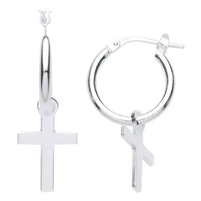 Jewelco London Ladies Sterling Silver Cross Charm Hoop Drop Earrings - GVE773