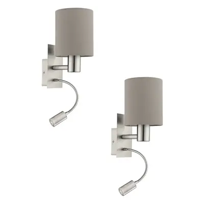 2 PACK Wall Light Colour Satin Nickel Shade Taupe Fabric E27 LED 1x40W 1x3.5W