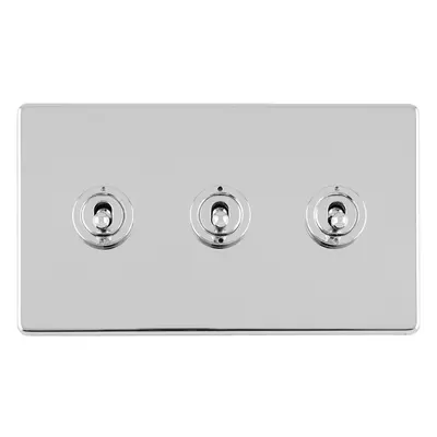 3 Gang Triple Retro Toggle Light Switch SCREWLESS POLISHED CHROME 10A 2Way Lever