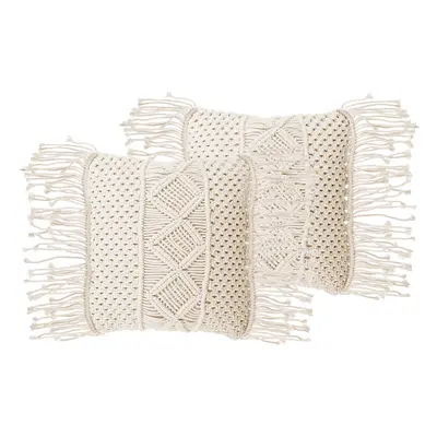 Set of Cushions YORTAN Cotton x cm Geometric Pattern MacramÃ© Light Beige