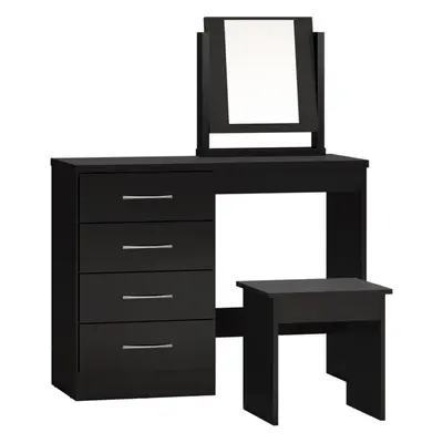 Nevada Drawer Dressing Table Set Mirror Stool in Black Gloss Finish PU Leather