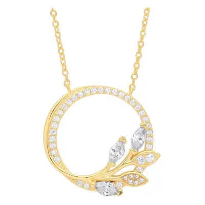 Jewelco London Ladies Gold-Plated Silver Marquise CZ Olive Leaf Branch Circle of Life Lavalier N