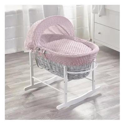 Girls Pink Dimple White Wicker Moses Basket with White Rocking Stand