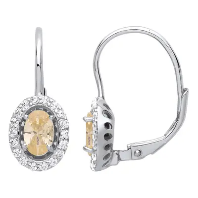 Jewelco London Ladies Sterling Silver Yellow Oval Cubic Zirconia Solitaire Halo Drop Earrings - 