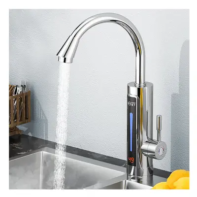 (Silver, Without Leakage Protector) 3300W Electric Hot Water Heater Faucet LED Ambient Light Tem