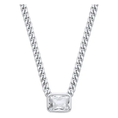 Jewelco London Ladies Sterling Silver Radiant CZ Solitaire Collarette Curb Chain Lavalier Neckla