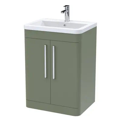 Floor Standing Door Vanity Unit with Ceramic Basin - 600mm - Satin Green