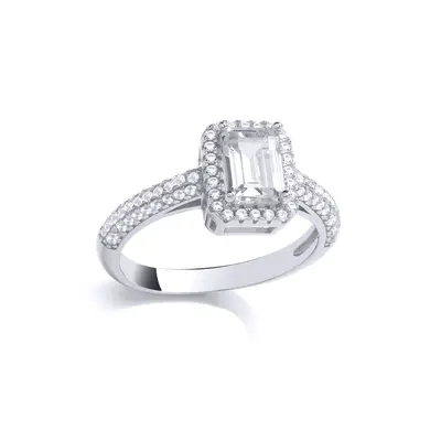 (N) Jewelco London Sterling Silver CZ Created Emerald Cut Solitaire Ring Engagement Ring - GVR92