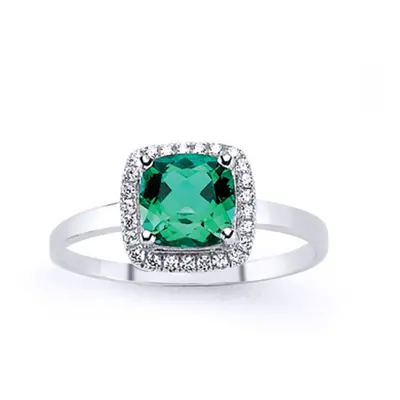 (R) Jewelco London Ladies Rhodium Sterling Silver Green Asscher Cubic Zirconia Halo Cluster Soli