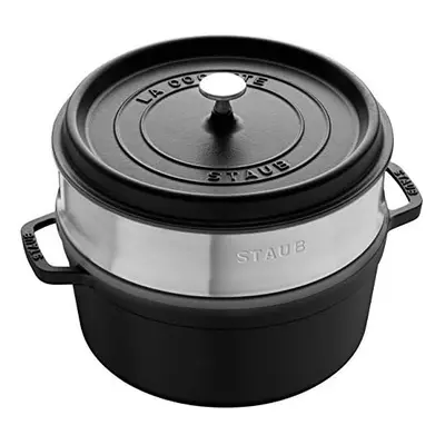 STAUB Cast Iron Roaster/Cocotte, With Steam Insert, Round cm, 5.2 L, With Matte Black Enamel Ins