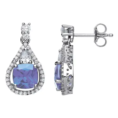 Jewelco London Ladies Sterling Silver Tanzanite-Violet Cushion Cubic Zirconia Halo Teardrop Drop