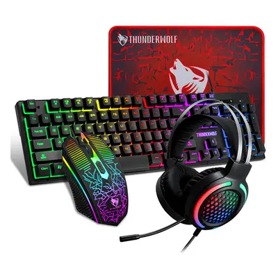 4Pcs Gaming Combo Kit Keys Rainbow Backlit Keyboard Adjustable 2400DPI Mouse Wired RGB Lighting 