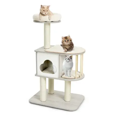 Wooden Cat Tower 4-Tier Cat Tree Climbing Play Center w/ Sisal Posts