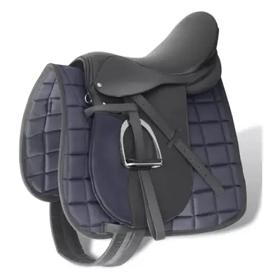 Horse Riding Saddle Set 17.5" Real Leather Black cm 5-in-1