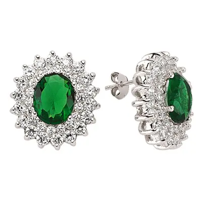 Jewelco London Ladies Sterling Silver Emerald-Green Oval Cubic Zirconia Royal Cluster Stud Earri