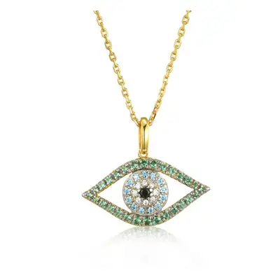 Jewelco London 14k Gold-plated Silver Green Blue Black Round Brilliant CZ Anti Evil Eye Pendant 