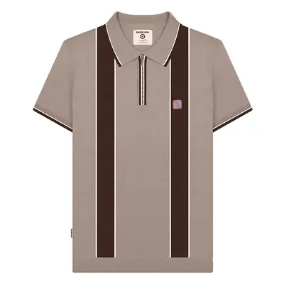 (S, Mushroom) Lambretta Mens Corsico 1/4 Zip Short Sleeve Cotton Stripe Polo Shirt Top