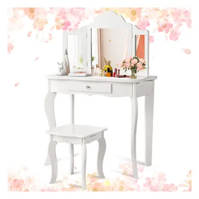 Kids Vanity Table & Stool Set Toddler Princess Dresser W/ Mirror