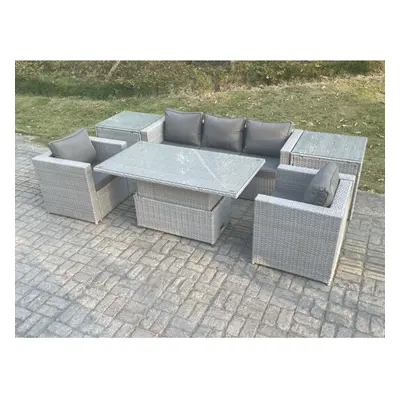 Fimous Rattan Garden Funiture Rising Lifting Table Sofa Dining Set With Arm Chair