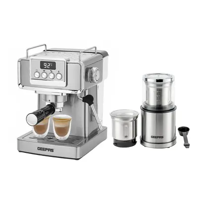 (Silver) Geepas Coffee Machine & 200W Coffee Grinder Combo