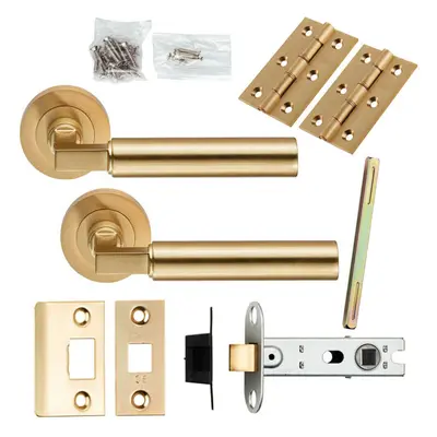 Door Handle & Latch Pack Satin Brass Straight Round Lever Screwless Round Rose