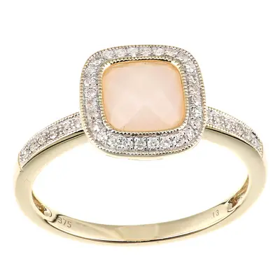 (L) Jewelco London 9ct Yellow Gold Cushion Pink Opal and Diamond Halo Ring