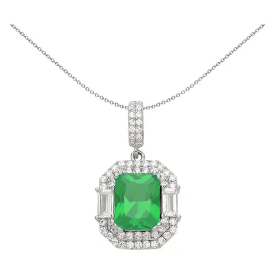 Jewelco London Ladies Sterling Silver Green Radiant Baguette CZ Octagon Amphitheatre Pendant Nec