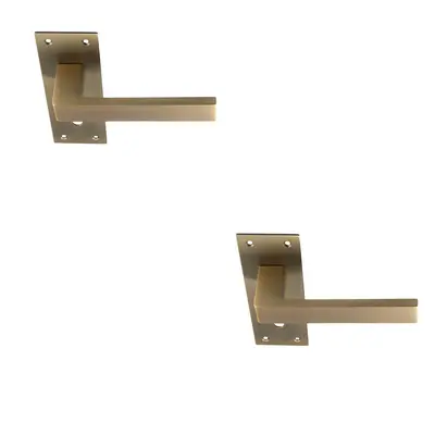 2x PAIR Straight Square Handle on Slim Lock Backplate x 50mm Antique Brass