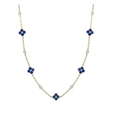 Jewelco London 14k Gold-plated Silver Blue CZ Alternating Clover Cluster Solitaire Station Neckl