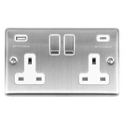 2 Gang Double UK Plug Socket & 2x 3.1A USB-C & A SATIN STEEL & WHITE 13A Switch