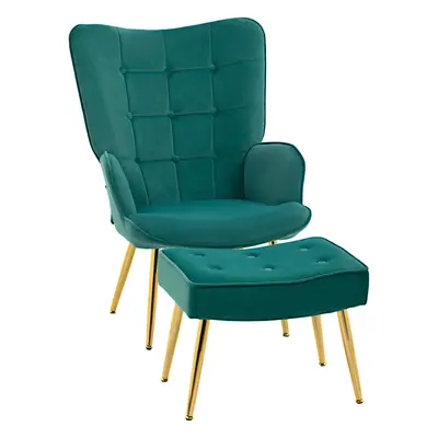 HOMCOM Button Tufted Armchair with Footstool and Gold Tone Steel Legs Dark Green