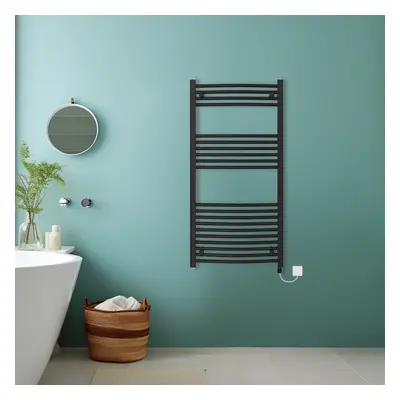 (Black, 1200x600mm) Bathroom Curved Prefilled Electric Heated Towel Rail Ladder Warmer Radiator