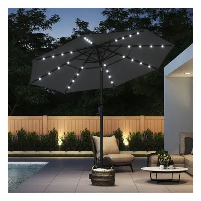 (Dark Grey, Flower Pattern Stand) LED Lights Solar Powered Sun Shade Umbrella Outdoor Tilting Pa