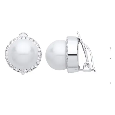 Jewelco London Ladies Sterling Silver Cubic Zirconia & Simulated Pearl Full Moon Halo Clip-on Ea