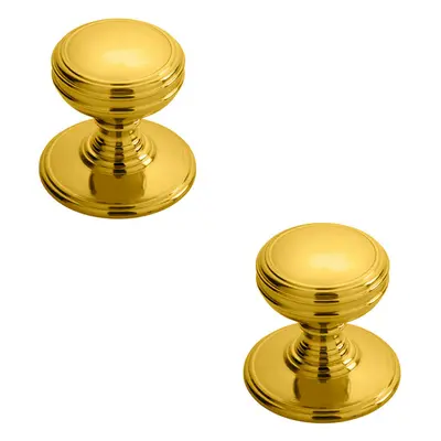 2x Ringed Tiered Cupboard Door Knob 38mm Diameter Polished Brass Cabinet Handle