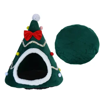 (Green, M) Cat Pet Dog Christmas Tree Shape Velvet Warm House Cave Beds Indoor Cats Cozy Wool Ig