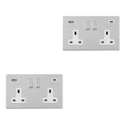 2 PACK Gang Double 13A UK Plug Socket & 2x 3.1A USB-C SCREWLESS CHROME Charger