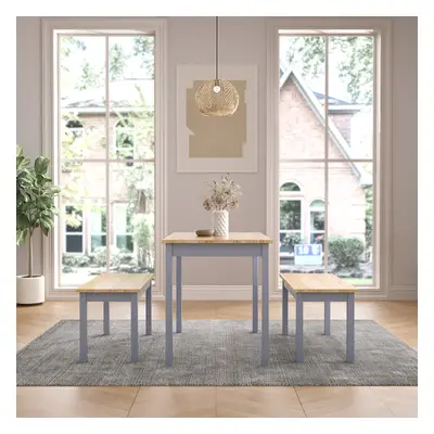 (Grey) Wooden Dining Table and Benches Seat Set