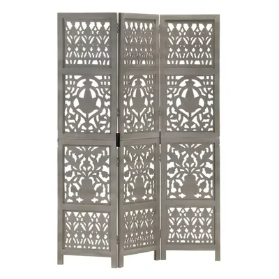 vidaXL Solid Mango Wood Hand Carved 3-Panel Room Divider Grey 120x165cm Screen