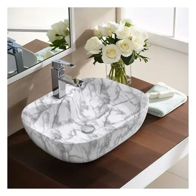 Rectangular Round Corners White Ceramic Marble Effect Texture Countertop Basin Bathroom Sink W m