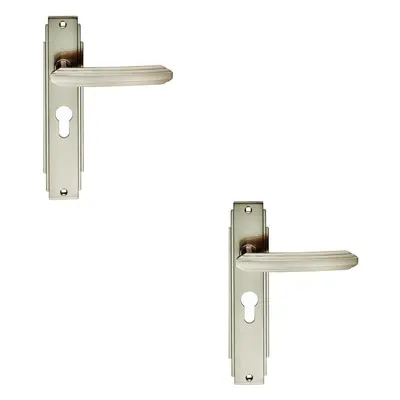 2x PAIR Line Detailed Handle on Euro Lock Backplate x 45mm Satin Nickel