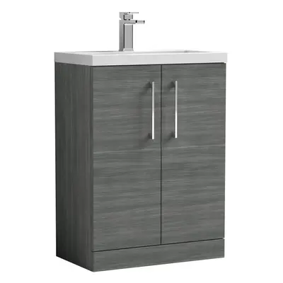 Compact Floor Standing Door Vanity Basin Unit with Polymarble Basin - 600mm - Woodgrain Anthraci