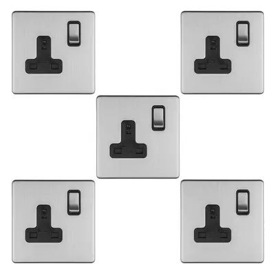 5 PACK Gang DP 13A Switched UK Plug Socket SCREWLESS SATIN STEEL Wall Power